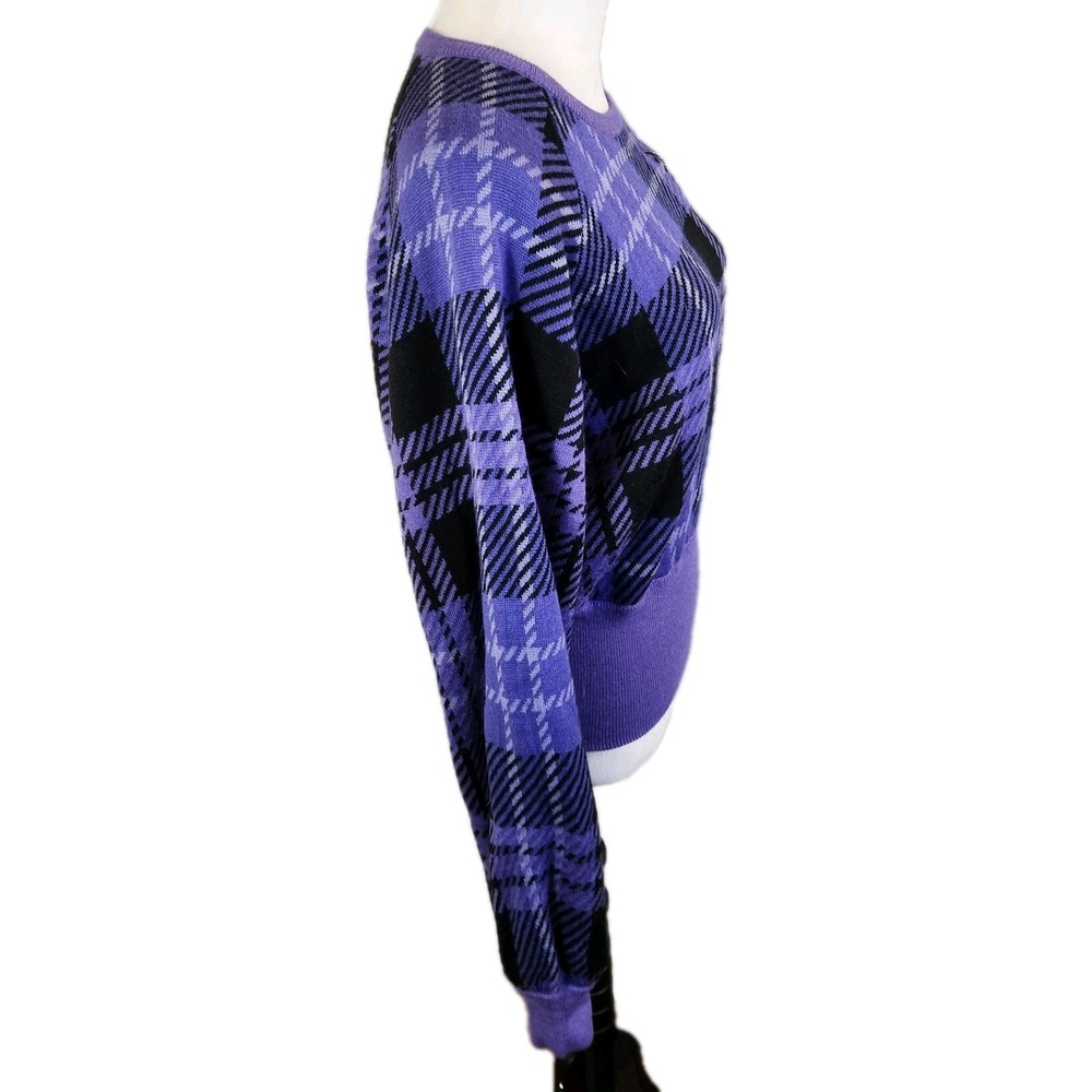 Sanrio Kuromi Womens Knit Plaid Sweater Sz Large Purple Black Bishop Sleeve Top - Picture 3 of 16